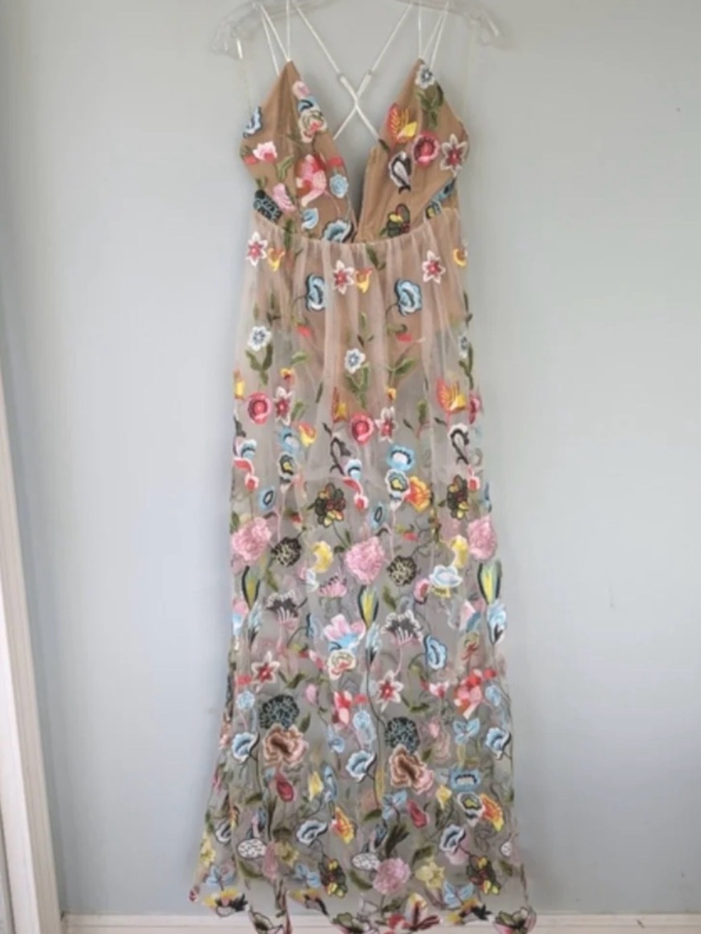 NWT L'atiste By Amy Sheer Embroidered Overlay Bodysuit Maxi Dress - Picture 8 of 12